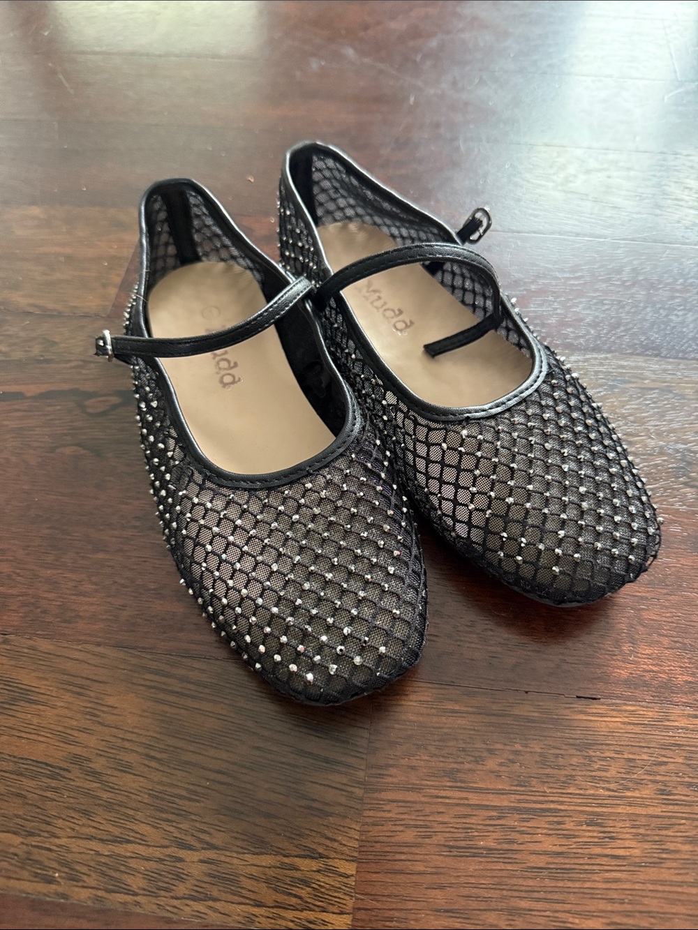 Mudd Black Mesh Mary Jane Flats with Rhinestone Accents